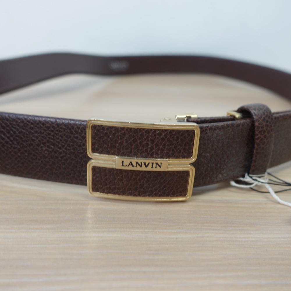 Brown Leather Belt Large 38 LANVIN Chocolate Cowhide Gold Buckle Ratchet Luxury